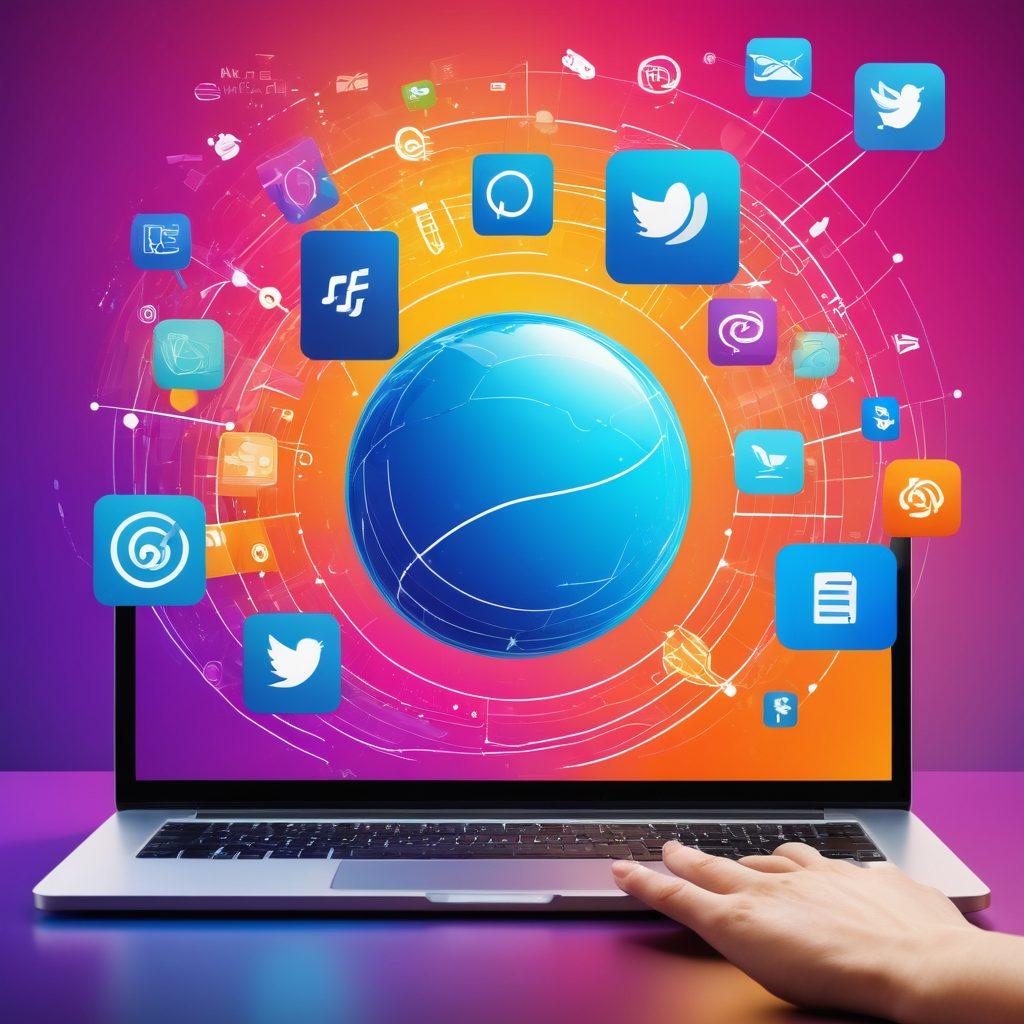 A dynamic collage depicting a digital transformation journey, featuring a vibrant blog evolving into a recognizable brand. Include elements like a computer screen displaying engaging content, social media icons blending into brand logos, and a diverse group of people engaging with the content on various devices. Incorporate a bright and modern color palette, symbolizing innovation and connectivity. super-realistic. vibrant colors. abstract background.