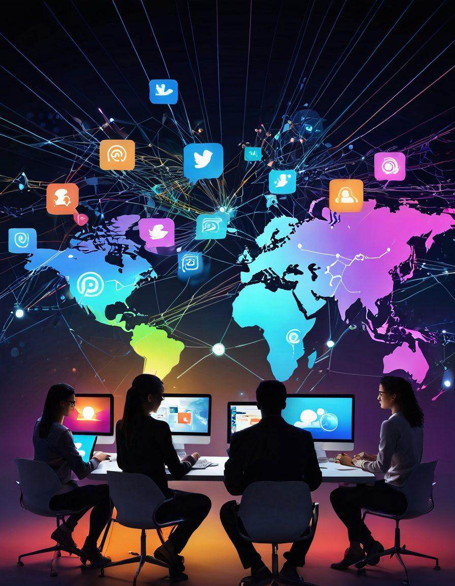 A diverse group of individuals engaged in various digital activities, showcasing vibrant screens with social media icons, blogs, and creative designs. Above them, a glowing digital network of connections and communication lines, symbolizing online presence. The background features a blend of urban and natural elements to represent the merging of digital and real-life interactions. Bright, energetic color palette to evoke a sense of empowerment and creativity. super-realistic. vibrant colors. futuristic digital style.