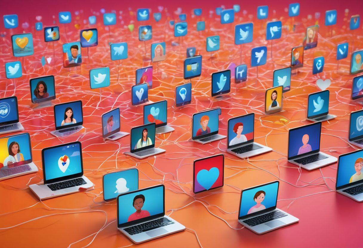 A vibrant digital landscape depicting diverse individuals engaging through various social media platforms, each using different devices. Include graphical elements symbolizing connections like network lines and heart emojis, with a colorful background representing positivity and engagement. The atmosphere should feel lively and interactive, capturing the essence of online presence. super-realistic. vibrant colors. 3D.